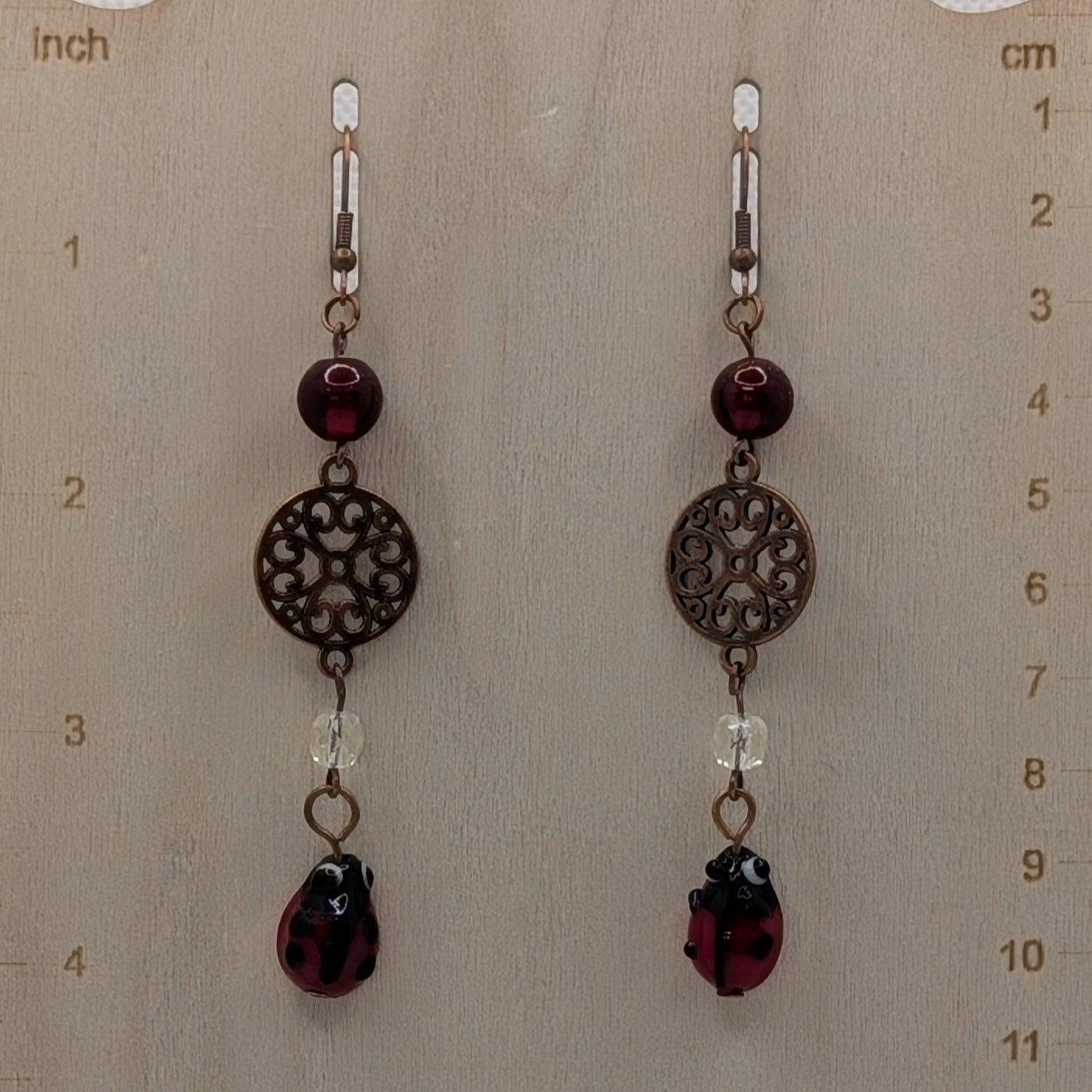 ✨Lacybug✨| Copper & Glass Ladybug Earrings with Filigree Charm