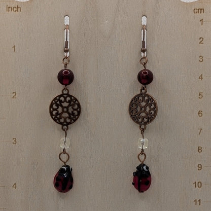 ✨Lacybug✨| Copper & Glass Ladybug Earrings with Filigree Charm