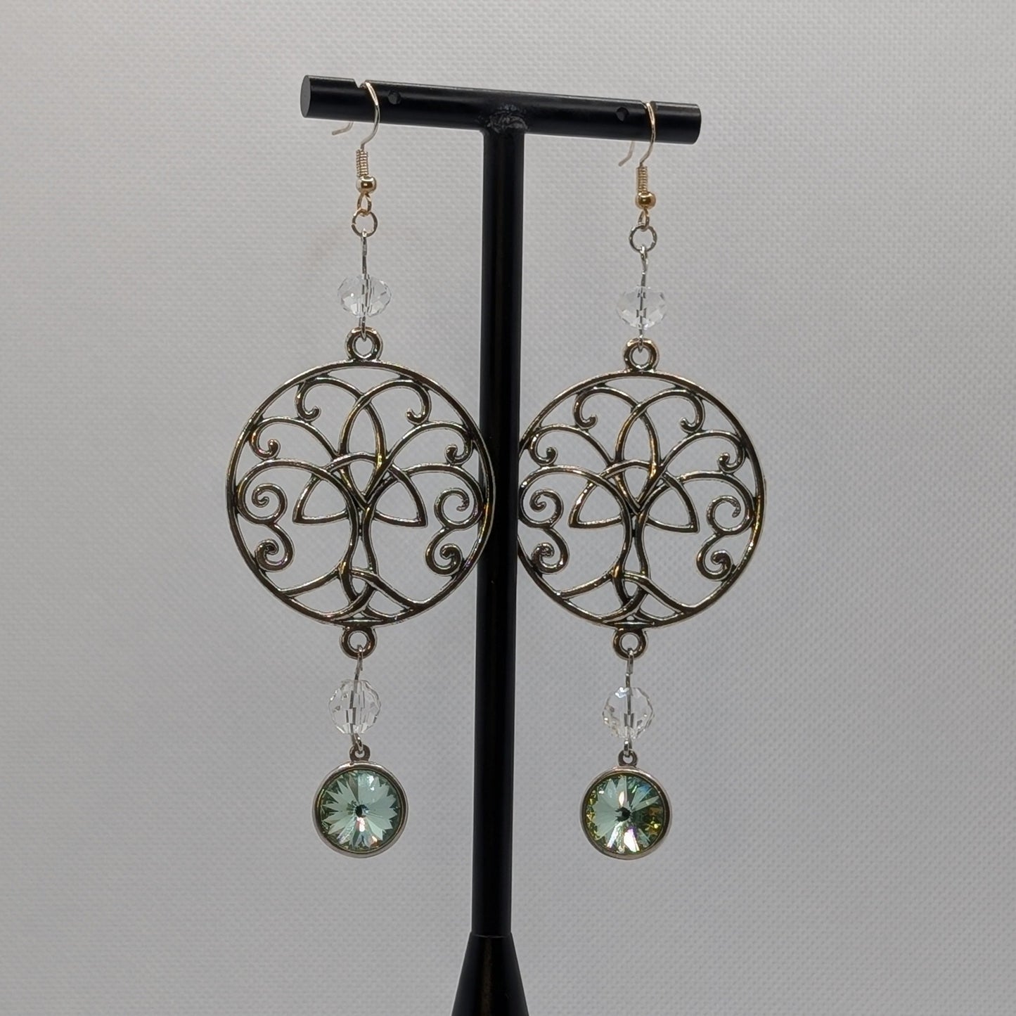 ✨Verdant Arborlace✨| Celtic Tree Earrings with Green Rivoli Drops