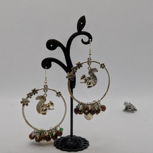 ✨Thimblegruff & Pibbinook✨| Squirrel Earrings with Glass, Wood & Silver-Toned Charms