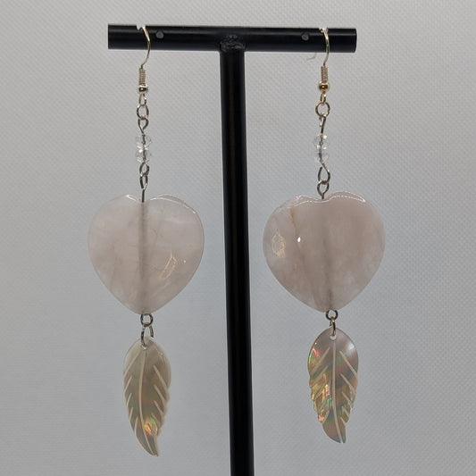 ✨Blushplume✨| Rose Quartz Heart & Natural Shell Feather Statement Earrings