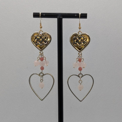 ✨Roselithe✨| Rose Quartz & Rhodochrosite Heart Earrings with Celtic Knot Accents