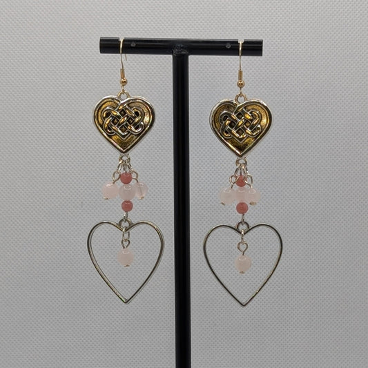 ✨Roselithe✨| Rose Quartz & Rhodochrosite Heart Earrings with Celtic Knot Accents