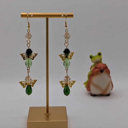 ✨The Gilded Grassflock✨| Double Fairy Earrings in Green Glass & Gold Tone