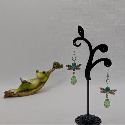 ✨Gigglegrass✨| Green Fairy Earrings with Silver-Toned Wings