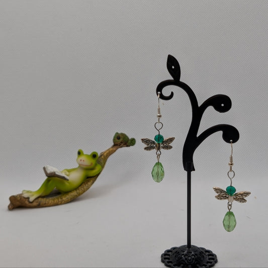 ✨Gigglegrass✨| Green Fairy Earrings with Silver-Toned Wings
