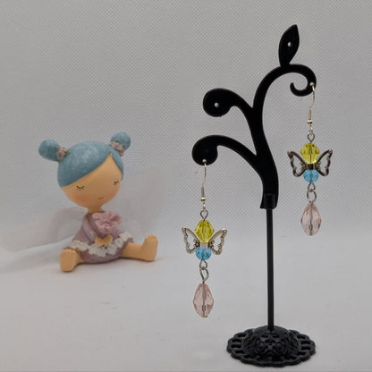 ✨Dawnflick✨| Yellow, Blue & Pink Glass Fairy Earrings with Silver-Toned Wings