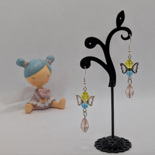 ✨Dawnflick✨| Yellow, Blue & Pink Glass Fairy Earrings with Silver-Toned Wings