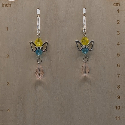 ✨Dawnflick✨| Yellow, Blue & Pink Glass Fairy Earrings with Silver-Toned Wings