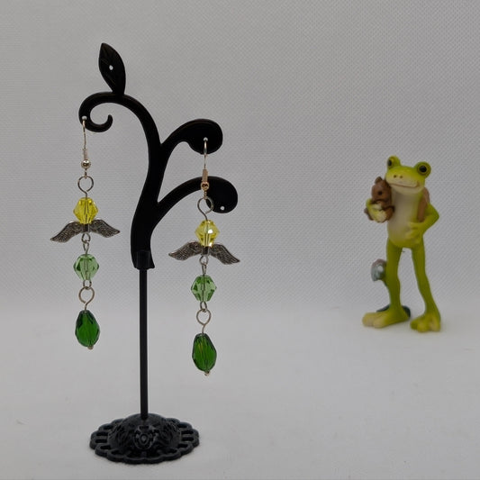 ✨Meadowflutter✨| Green & Yellow Beaded Fairy Earrings with Silver-Toned Wings