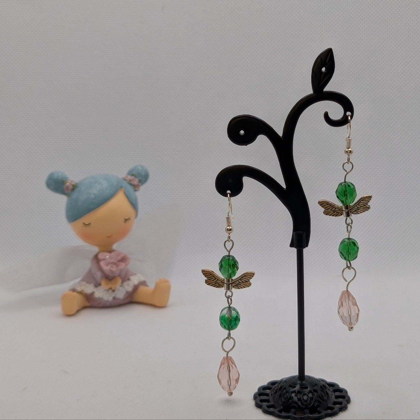 ✨Blossomdrift✨| Green & Pink Winged Drop Fairy Earrings