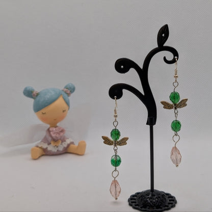 ✨Blossomdrift✨| Green & Pink Winged Drop Fairy Earrings