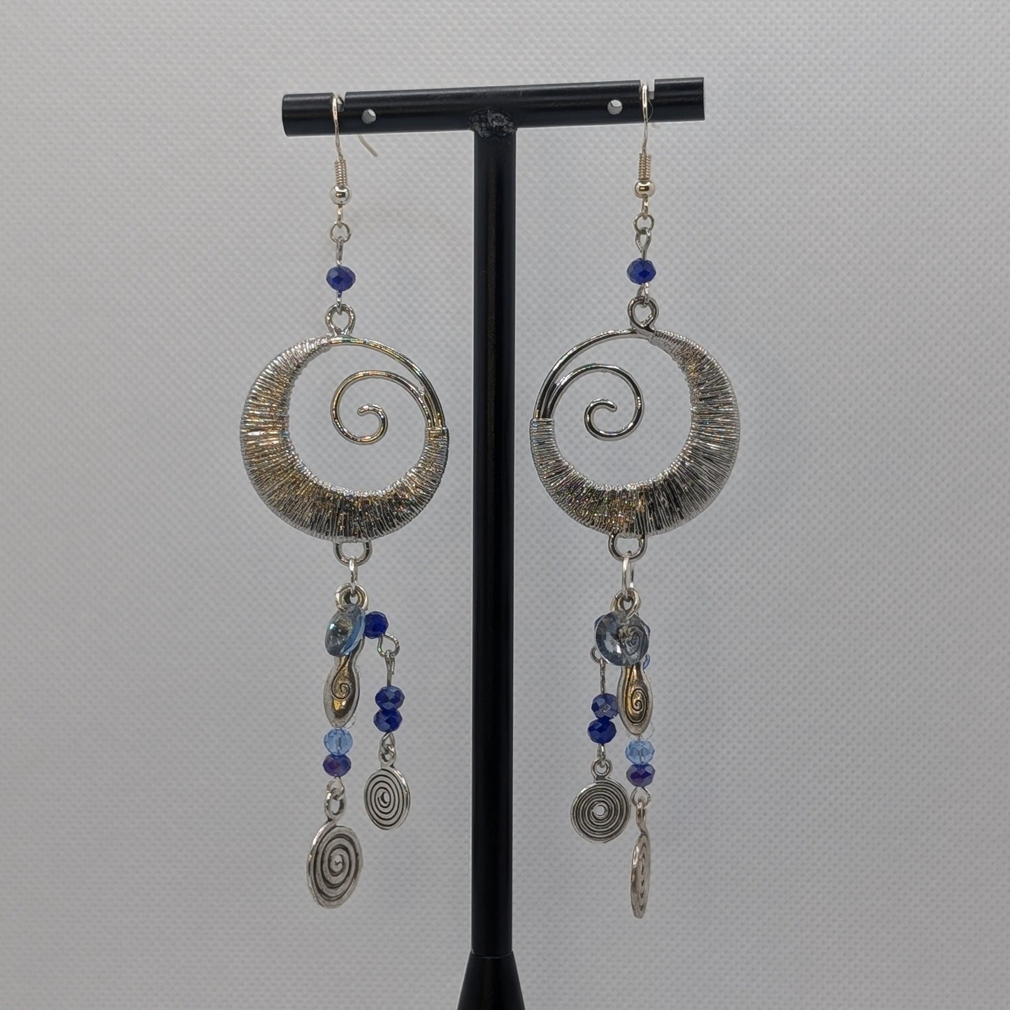 ✨Wyrmoire✨| Spiral Statement Earrings with Blue & Silver Dangles