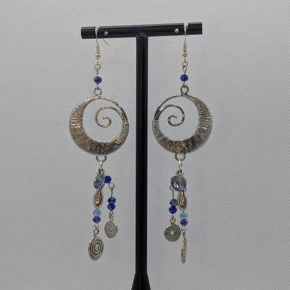✨Wyrmoire✨| Spiral Statement Earrings with Blue & Silver Dangles