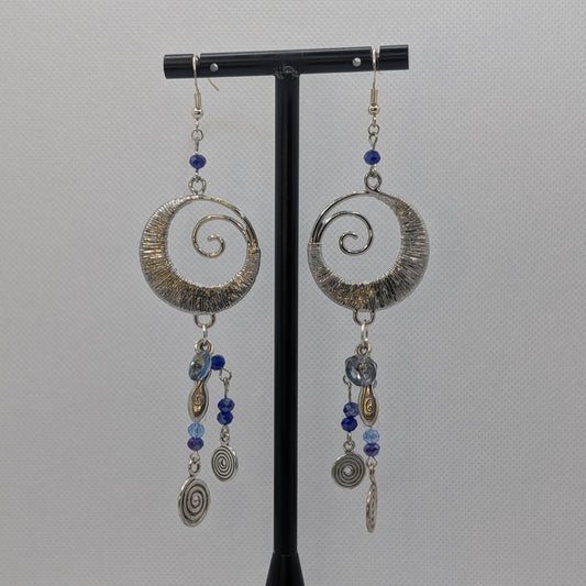 ✨Wyrmoire✨| Spiral Statement Earrings with Blue & Silver Dangles