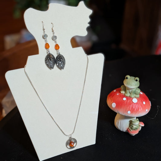 ✨Kindlebough✨| Orange Glass & Silver-Toned Tree of Life Necklace & Earrings Set