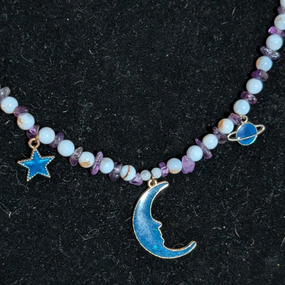 ✨Celestalis✨| Blue Lace Agate & Amethyst Celestial Necklace with Moon, Star & Planet Charms