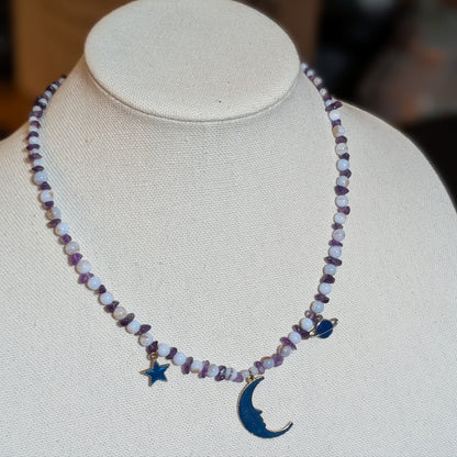 ✨Celestalis✨| Blue Lace Agate & Amethyst Celestial Necklace with Moon, Star & Planet Charms