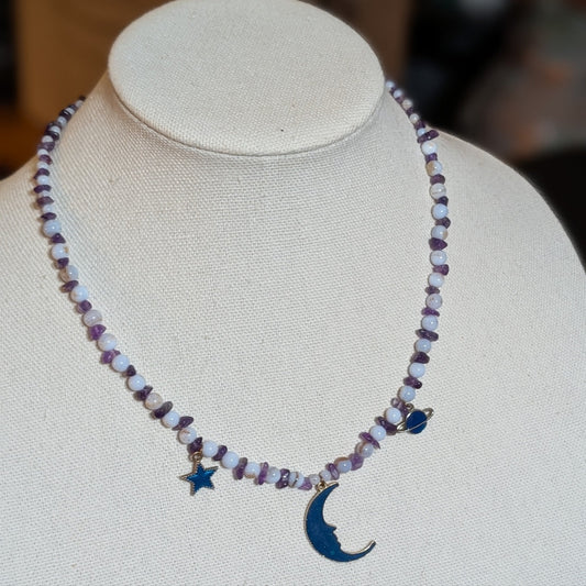 ✨Celestalis✨| Blue Lace Agate & Amethyst Celestial Necklace with Moon, Star & Planet Charms
