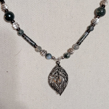 ✨Mossleaf Glen✨| Moss Agate & Wood Necklace with 3D Metal Filigree Leaf Pendant