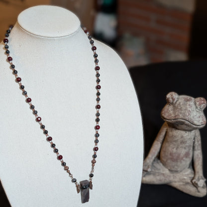 ✨Merlithic✨| Merlinite and Wood Necklace with Clear Quartz and Agate Pendant
