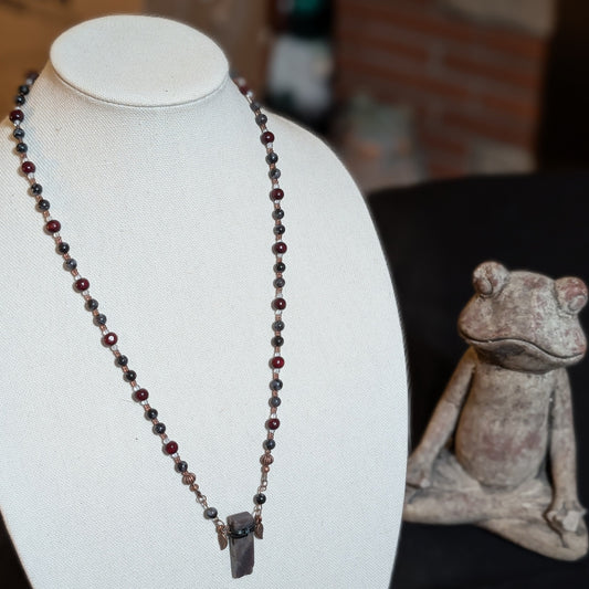 ✨Merlithic✨| Merlinite and Wood Necklace with Clear Quartz and Agate Pendant