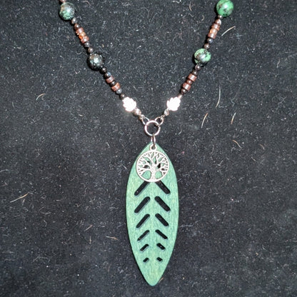 ✨The Vineroot Leaf✨| Ruby Zoisite, Sardonyx, & Wood Necklace with Leaf Pendant
