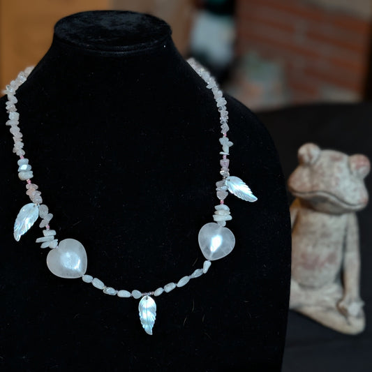 ✨Amorcrest✨| Rose Quartz & Rainbow Moonstone Necklace with Shell Wings