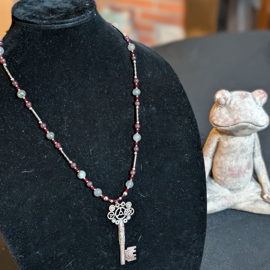 ✨Cogheart✨| Garnet & Bloodstone Steampunk Key Necklace
