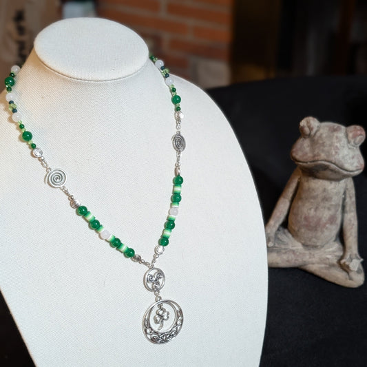 ✨Glyphglen✨| Green & White Jade Shamrock Necklace with Spiral Accents