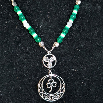 ✨Glyphglen✨| Green & White Jade Shamrock Necklace with Spiral Accents