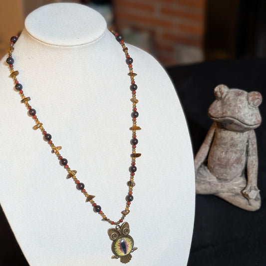✨Eyeseehoo✨| Owl Necklace with Jasper, Tourmaline, & Tiger’s Eye Gemstones