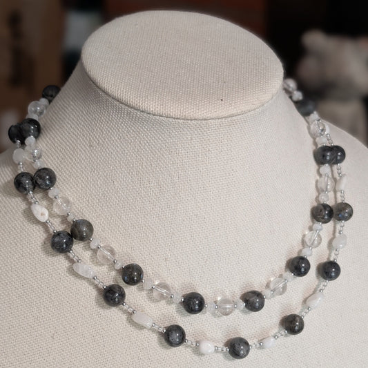 ✨Moonlace✨| Larvikite, Rainbow Moonstone & Clear Quartz Double Strand Necklace
