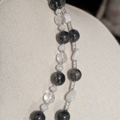 ✨Moonlace✨| Larvikite, Rainbow Moonstone & Clear Quartz Double Strand Necklace