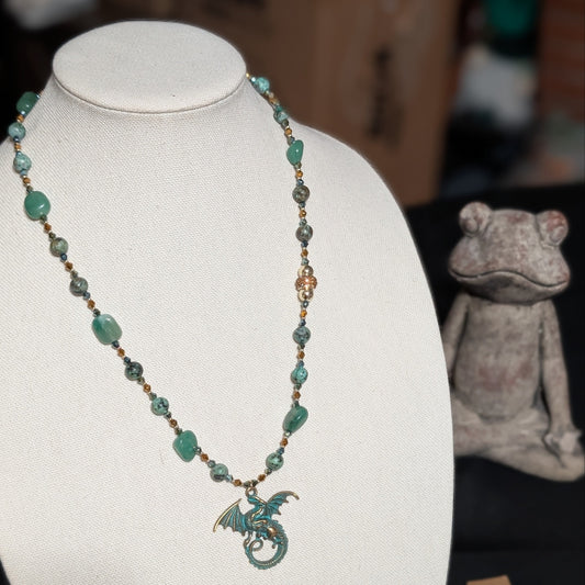 ✨Glimmerhoard✨| Green Aventurine & African Turquoise Fae Dragon Treasure Necklace