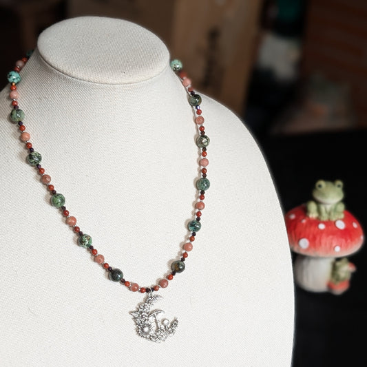 ✨Rising Moonblossom✨| Fae Crescent Moon Pendant Necklace With Red Jasper & African Turquoise