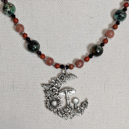 ✨Rising Moonblossom✨| Fae Crescent Moon Pendant Necklace With Red Jasper & African Turquoise