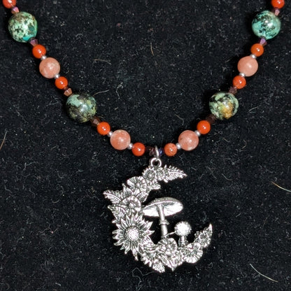 ✨Rising Moonblossom✨| Fae Crescent Moon Pendant Necklace With Red Jasper & African Turquoise