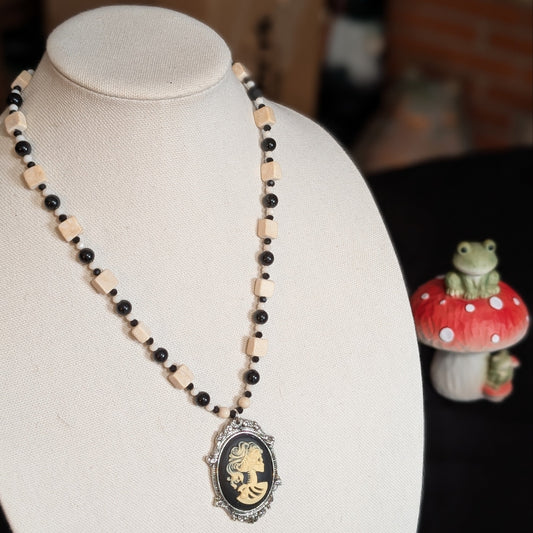 ✨Lady Lacebone✨| Black Tourmaline & White River Stone Skeleton Cameo Necklace