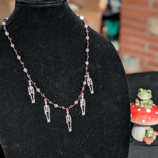 ✨Grave Waltz✨| Skeleton Necklace with Indigo Gabbro (Merlinite) and Silver Gray Moonstone