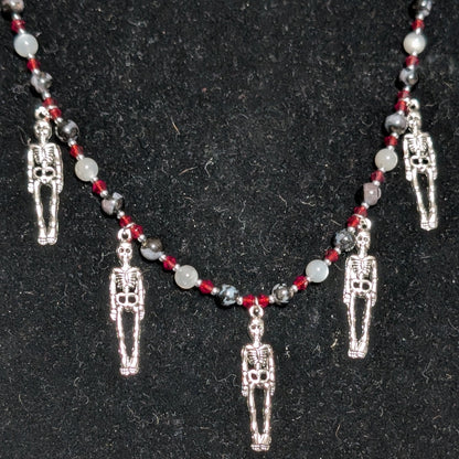 ✨Grave Waltz✨| Skeleton Necklace with Indigo Gabbro (Merlinite) and Silver Gray Moonstone