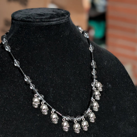✨Bonejangles✨| Black Obsidian and Clear Quartz Skull Fringe Necklace