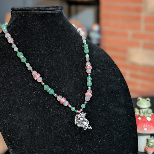 ✨Twinklepip✨| Rose Quartz, Green Aventurine, & Green Jade Fairy Necklace with Sparkling Pink Accents