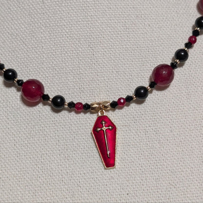 ✨Crimson Casket✨| Red Jade & Onyx Necklace with Coffin Pendant