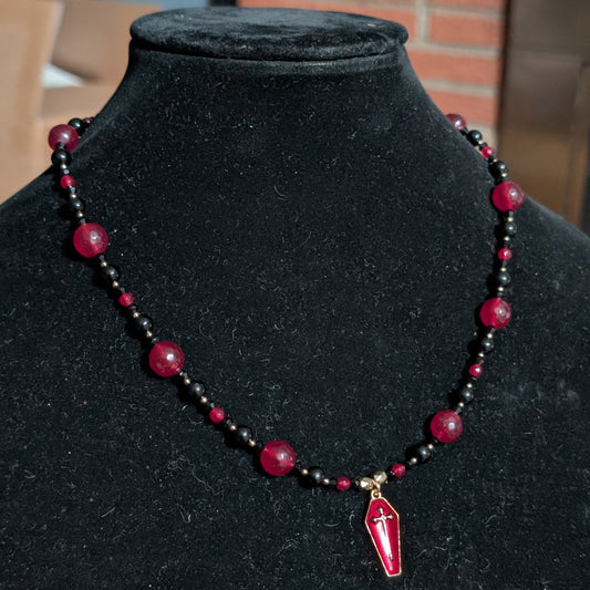 ✨Crimson Casket✨| Red Jade & Onyx Necklace with Coffin Pendant