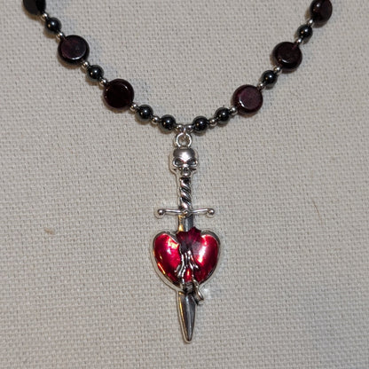 ✨Mercenary’s Oath✨| Garnet & Hematite Skull Necklace with Dagger-Heart Pendant