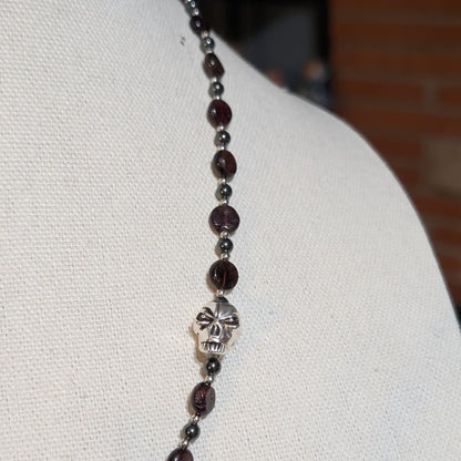✨Mercenary’s Oath✨| Garnet & Hematite Skull Necklace with Dagger-Heart Pendant