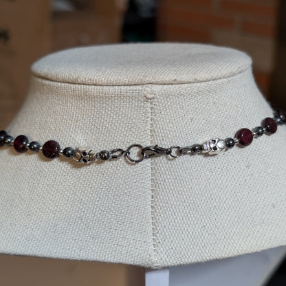 ✨Mercenary’s Oath✨| Garnet & Hematite Skull Necklace with Dagger-Heart Pendant