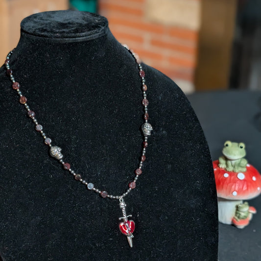 ✨Mercenary’s Oath✨| Garnet & Hematite Skull Necklace with Dagger-Heart Pendant
