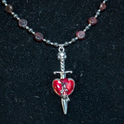 ✨Mercenary’s Oath✨| Garnet & Hematite Skull Necklace with Dagger-Heart Pendant
